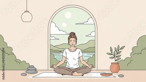 Serenity and Mindfulness: A tranquil moment captured, showing a person deep in meditation. Sunlight streams into the room, creating a serene and introspective atmosphere.