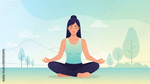 Serene Meditation: A woman, radiating peace, sits in a meditative pose. Surrounded by the tranquility of nature, she embraces mindfulness and inner harmony.