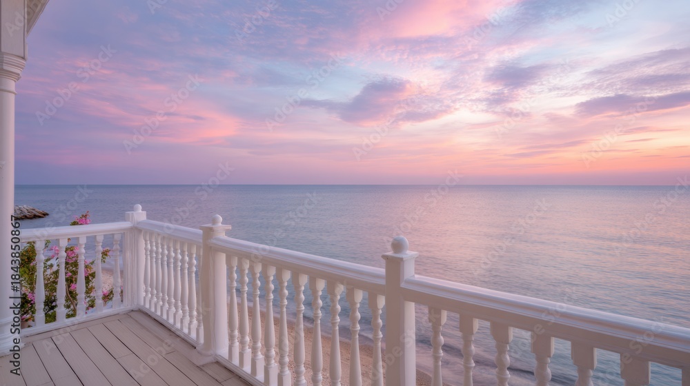 Fototapeta premium Panoramic View From Balcony of Luxury Resort Overlooking the Ocean With Pastel Sky During Sunset