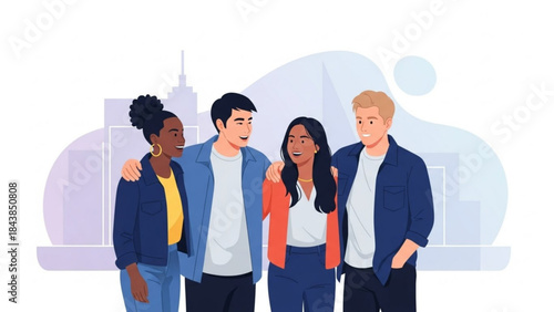 United in Trust: Four friends embrace each other, their bodies leaning together with love and connection, a symbol of harmony in a city landscape, reflecting a shared bond of camaraderie