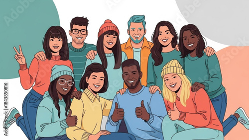 Together in Harmony: A diverse group of friends unites, radiating warmth and joy, capturing a true sense of togetherness, with a modern, artistic touch.