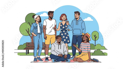 Friendship Gathering: A diverse group of friends unites in a park, their joyful expressions and relaxed poses creating a scene of perfect harmony and camaraderie