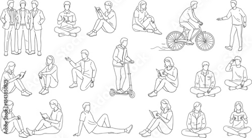 Minimal line art illustration of people in various daily activities, including business, reading, sitting, cycling and urban lifestyle poses