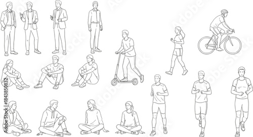 Minimal line art illustration of people performing daily activities including business, fitness, cycling and sitting poses character set