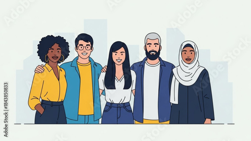 Unity Through Diversity: A vibrant and inclusive group of individuals stands together, each representing a unique background and fostering a sense of harmony. 