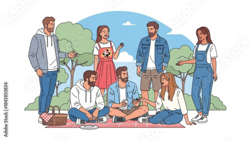 Picnic gathering illustration: A collection of diverse individuals, gathered in a serene park setting, engaging in a communal picnic, sharing laughter and creating lasting memories. 