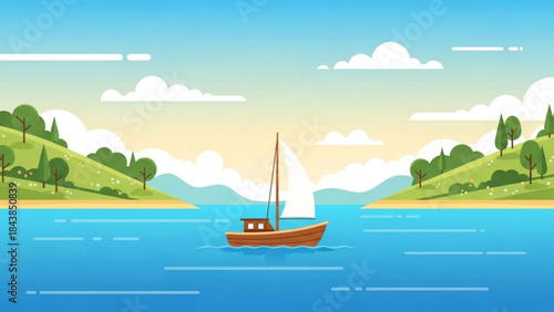 Sailboat on Serene Waters: A charming sailboat glides gently across tranquil waters, framed by rolling hills and a clear, inviting sky, depicting a scene of peaceful sailing and open water.