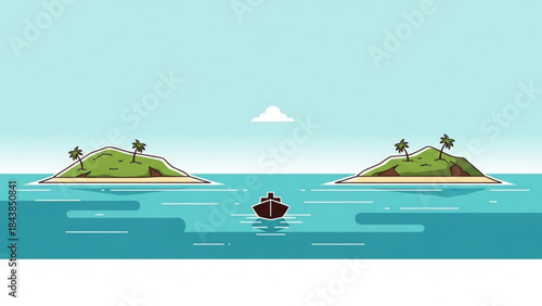 Island Exploration: A lone ship navigates the calm waters between two serene islands under a clear sky, an invitation to travel and adventure.