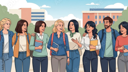 College Campus Companionship: Illustrative camaraderie on a sun-kissed campus, featuring animated students engaged in conversation and sharing moments of joy. 