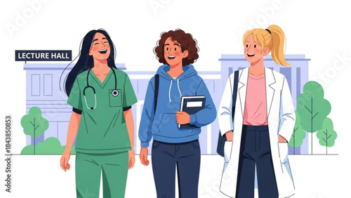 Students' stride at lecture hall: Three students with a good mood walk together after finishing class, full of excitement for new knowledge and future.