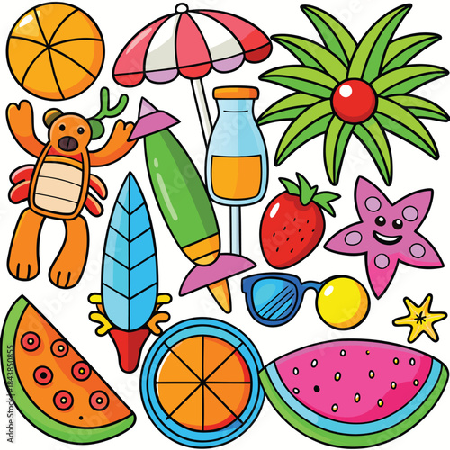 Colorful hand drawn summer including beach essentials like sunglasses orange teddy bear and tropical fruits