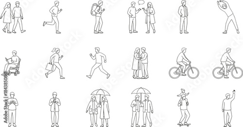 Minimal line people activity illustration set showing walking running cycling talking couples daily life actions isolated on white background