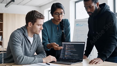 Diverse team of young professionals collaborating on a coding project analyzing software code together in a modern office environment with a whiteboard backdrop