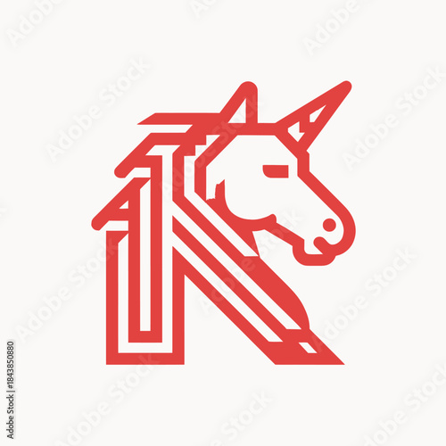 Modern Geometric Red Unicorn Head Illustration with Minimalist Line Art Design for Fantasy Concepts