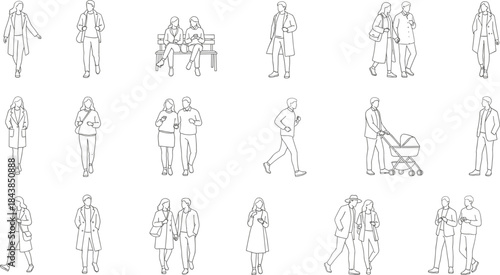 Minimal line people illustration set showing urban couples walking sitting jogging parenting daily lifestyle activities isolated on white background