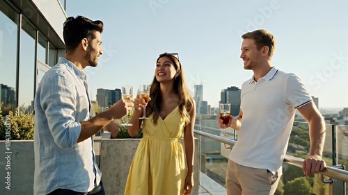 Three friends enjoying a rooftop gathering with wine glasses in hand laughing and connecting against a vibrant cityscape backdrop a perfect moment of friendship and celebration