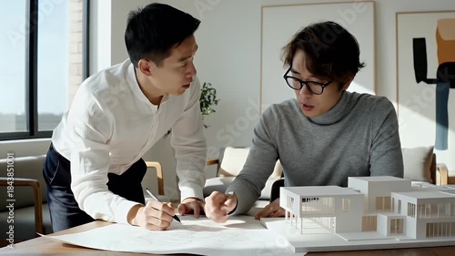 Two architects review building plans and a scale model during a collaborative design session showcasing teamwork and modern architectural concepts in an office setting