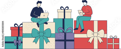 People sitting on stacked gift boxes using laptops, modern flat vector illustration for online shopping holiday and celebration concept