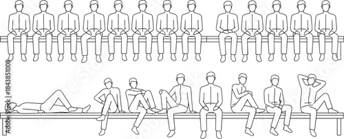 People sitting on bench line illustration set showing various relaxed seated poses human figures isolated on white background