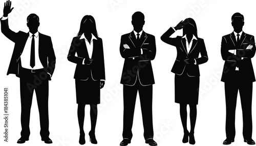 Professional business people silhouette set showing confident men and women in formal suits standing together isolated on white background