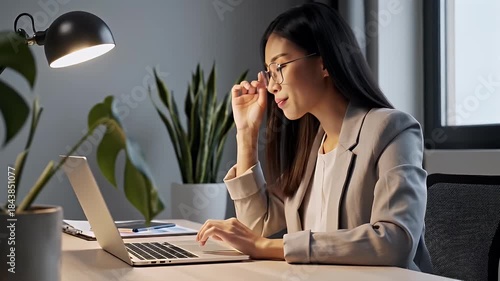 Tired businesswoman working late at night on her laptop burnout stress and exhaustion concept for digital marketing remote work and deadline pressure