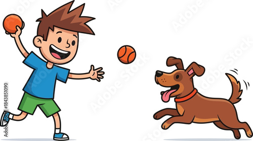 A happy boy playing fetch with his energetic dog enjoying a playful outdoor moment
