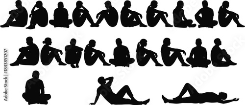 Sitting and lying people silhouettes collection isolated on white background, human seated poses black vector set for design projects