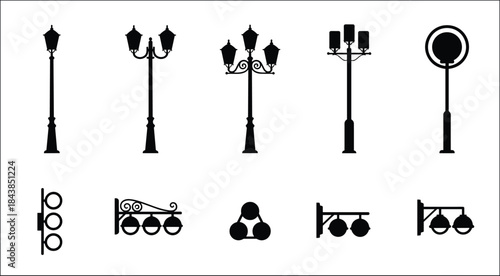 Street light silhouette icon set featuring vintage and modern lamp posts urban lighting symbols isolated on white background