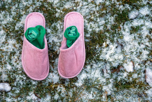pink slippers on the snow