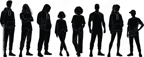 Urban people silhouette illustration featuring diverse men women and kids standing together, modern street style characters isolated on white background