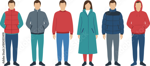 Winter clothing people characters wearing casual jackets and coats, modern flat vector illustration set for fashion, lifestyle, and seasonal design
