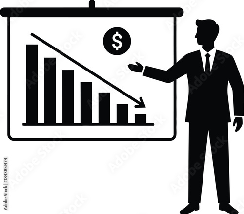 Decline Presentation: A businessman presents a downward trend graph on a screen, symbolizing a financial decline or negative performance, highlighting challenges and issues
