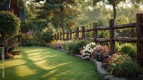 Scenic garden scene with a rustic wooden fence bordering lush flower beds, illuminated by soft, natural sunlight filtering through the surrounding trees. A tranquil outdoor setting.