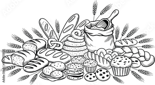 Hand-Drawn Bakery Bread and Pastry Collection Vintage Line Art Illustration.