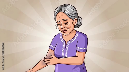 Elderly Woman Experiencing Discomfort and Sudden Pain Symptoms in Various Poses