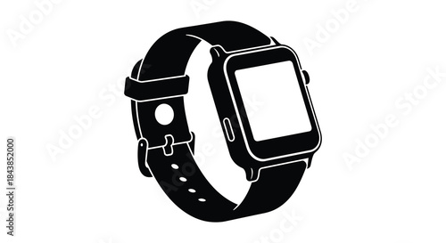 A striking black smartwatch design with a visible strap and buckle rendered as a silhouette