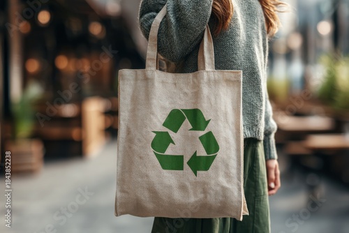 Young Woman Carrying Reusable Shopping Bag With Reusable Green Sign