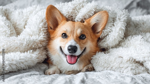 A cute pup wrapped in soft blankets, with a gleeful smile and adorable face. The dog peeks out with big ears and bright eyes, ready for a day of cuddles and adventures!