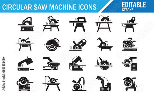 Editable Stroke Solid Icons: Table, Miter, and Portable Saws.