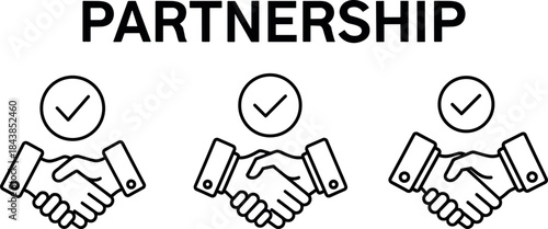Business partnership concept illustration, handshake agreement icons with check marks, teamwork collaboration trust success vector design on white background