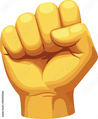 Golden raised fist hand illustration, strong gesture symbol for confidence determination empowerment, bold vector graphic isolated shiny cartoon style