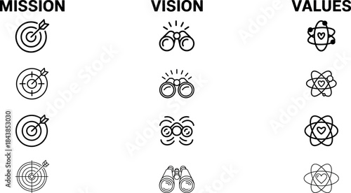 Mission vision values icon set, business strategy symbols with target binoculars heart elements, corporate purpose illustration for presentation and branding design