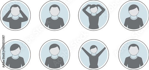 People wearing face masks avatar icons set, safety protection character illustrations, health precaution symbols for medical awareness and social profiles