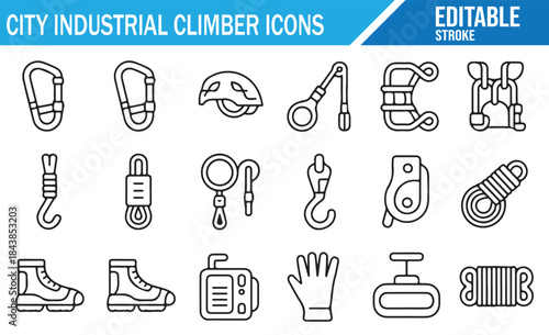Set of Safety Harness, Helmet, and Rope Access Icons.
