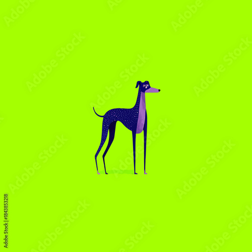 Stylized dark greyhound dog illustration on vibrant neon green background, elegant sighthound vector art for pet concepts