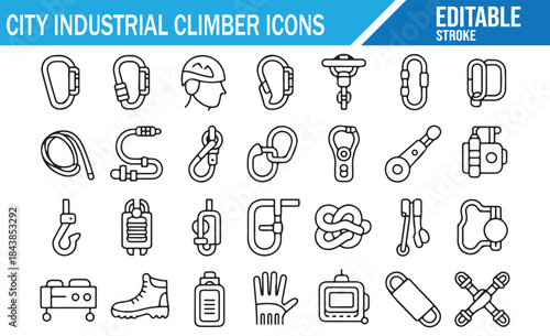Editable Stroke Icons: Industrial Climbing Gear and Workers.