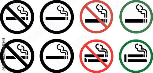 Smoking and no smoking icon set, cigarette symbols allowed prohibited signs, health warning signage isolated vector illustration on white background