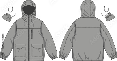 Technical illustration of a gray hooded jacket displayed from both front and back views