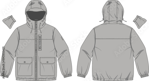 Technical illustration of a gray hooded jacket showing front and back views in detail
