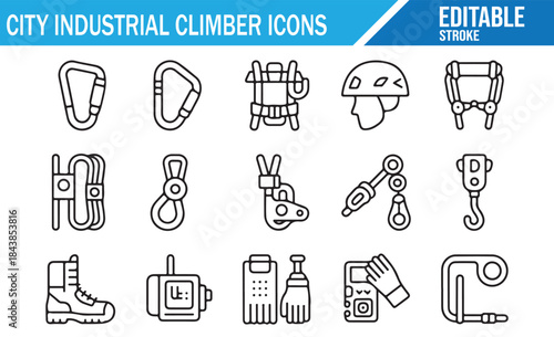 Set of City Industrial Climber Line Icons, Editable Stroke, Safety Gear, Harness, Helmet, Ropes, Carabiner, Worker, Boots, Gloves, Vector Illustration.